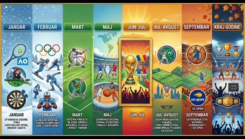 lustrovani sportski kalendar za 2026. sa mesečnim pregledom velikih događaja od januara do kraja godine