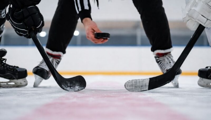 Hokejaši spremni za početak utakmice na ledu sa pakom između palica